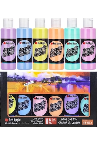 Red Apple 12 X 70 Ml Akrilik Boya 6 Ana Renk + 6 Pastel Renkler Set 12 Renk Akrilik Boya Seti Çok Renkli