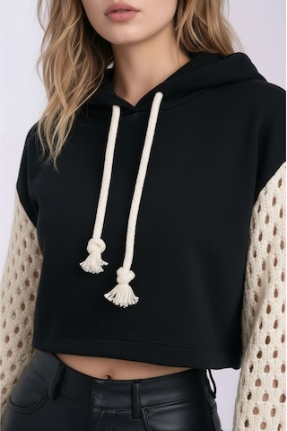 Mamayaga Kadın Kolları Triko File Örgü Şık Tasarım Crop Boy Kapüşonlu Sweatshirt Design Kazak Siyah