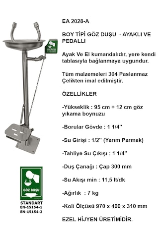 Ea 2028-a Acil Göz Yıkama Duşu Pedallı - Boy Tipi Paslanmaz