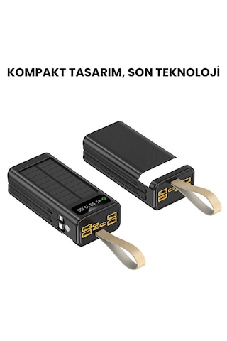 30000 Mah Solar Powerbank Güneş Enerjili Taşınabilir Şarj Cihazı 22.5w Hızlı Şarj Dahili Kablolu Çoklu Çıkış Dijital Ekran Siyah - Siyah