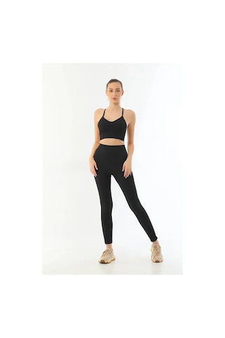 Angbutik Siyah Mı 3921 Soft Seamless Ripli Tayt Yoga Takımı