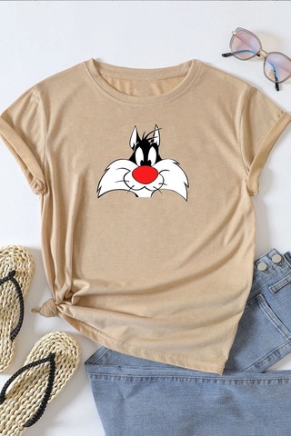 Flood Of Style Unisex Sylvester Baskılı T-shirt Bej