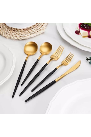 Youmex 304 Paslanmaz Çelik 5 Parça西餐 Seti - Biftek Bıçağı, Çatal, Tatlı Çatalı, Kaşık, Tatlı Kaşığı - Siyah Altın Rengi - Ev Kullanıma Uygun Altın - Siyah