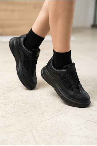Shoetek Wersa Kadın Sneakers Bağcıklı Spor Ayakkabı Siyah Deri