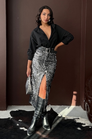 Verymoda Pullu Kadife Uzun Etek F2053 Gümüş