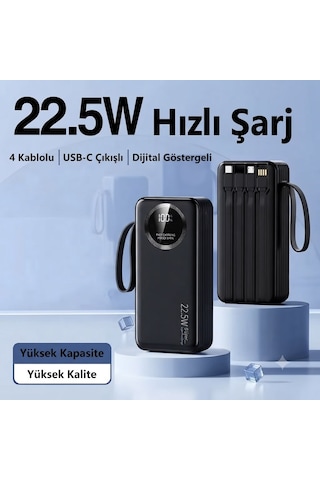 30.000 Mah 22.5w Hızlı Şarj Powerbank Taşınabilir Şarj Cihazı Dijital Göstergeli Dahili Çoklu Kablolu Powerbank Siyah