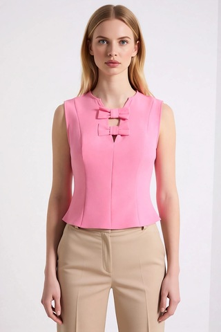 Benerly Kadın Bluz Crop Fiyonk Detaylı Kesik Yaka Kolsuz Dokuma Kumaş Düz Pembe