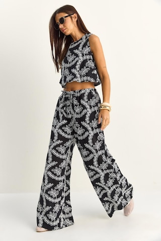 Shade Kadın Nakış İşlemeli Lastikli Balon Crop Bluz Geniş Paça Pantolon Takım 8037 60286157 - Siyah