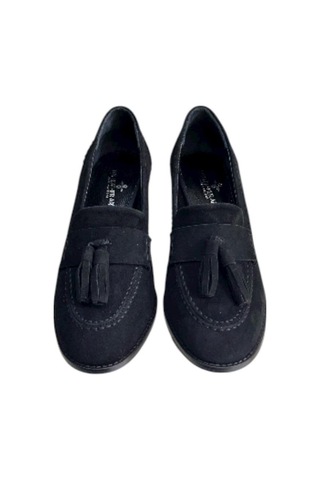 Tufan Shoes Siyah Hakiki Deri Süet Püskül Detay Topuklu Ayakkabı Siyah