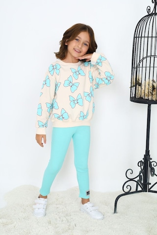 Lolliboomkids Kız Çocuk Yeni Sezon Aqua Mavi Kelebek Fiyonk Desen Fitilli Tayt Sweatshirt Alt Üst Takım Mavi - Beyaz