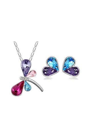 Kristal Taşlı Renkli Yusufçuk Kolye Küpe Seti Çok Renkli