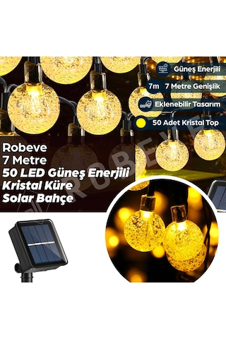 Robeve 7 Metre 50 Led Güneş Enerjili Kristal Küre Solar Bahçe Aydınlatma Dış Mekan Aydınlatma Güneş Enerjili Aydınlatma 8 Modlu, Ip65 Su Geçirmez, Otomatik Aç/kapa, Bahçe, Balkon Gün Işığı Sarı