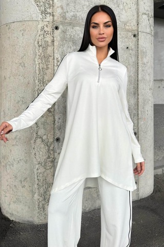 Ekru Asimetrik Kesim, Fermuarlı Bluz & Bol Paça Pantolon - Viskon İki İplik Kumaş Alt & Üst Takım Ekru