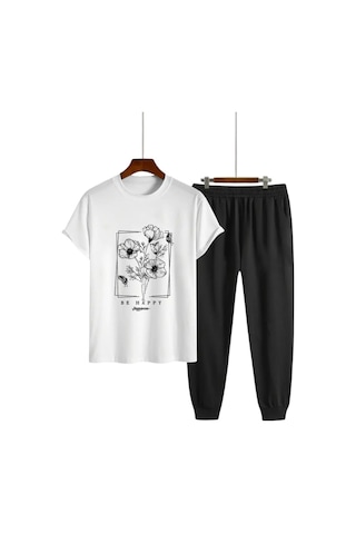 Uyguntarz Unisex Be Happy Tasarım Basklı Tshirt Eşofman Takımı Beyaz