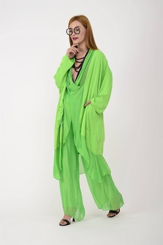 Bohem Stil Italyan Ipek Detaylı Oversize Kap Bluz- Wes Pantolon Takım-8789 Fıstık Yeşili