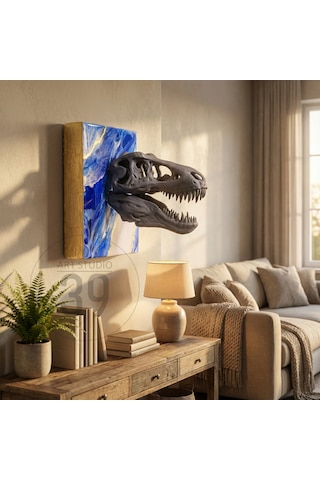 3d T-rex Kafatası Altın Varaklı Geode Epoksi Duvar Tablosu, El Yapımı Heykelsi Sanat Eseri, 25 25 Cm, Statement Tasarım 25 x 25