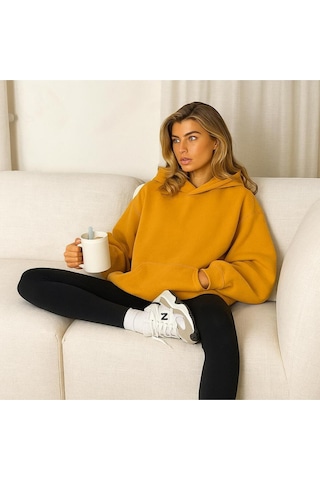 Benroma Baskılı Ünisex Kapüşonlu Sweatshırt Sarı