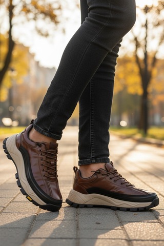 Kahve Hakiki Deri Bağcıklı Erkek Sneaker 25k570 M Kahve