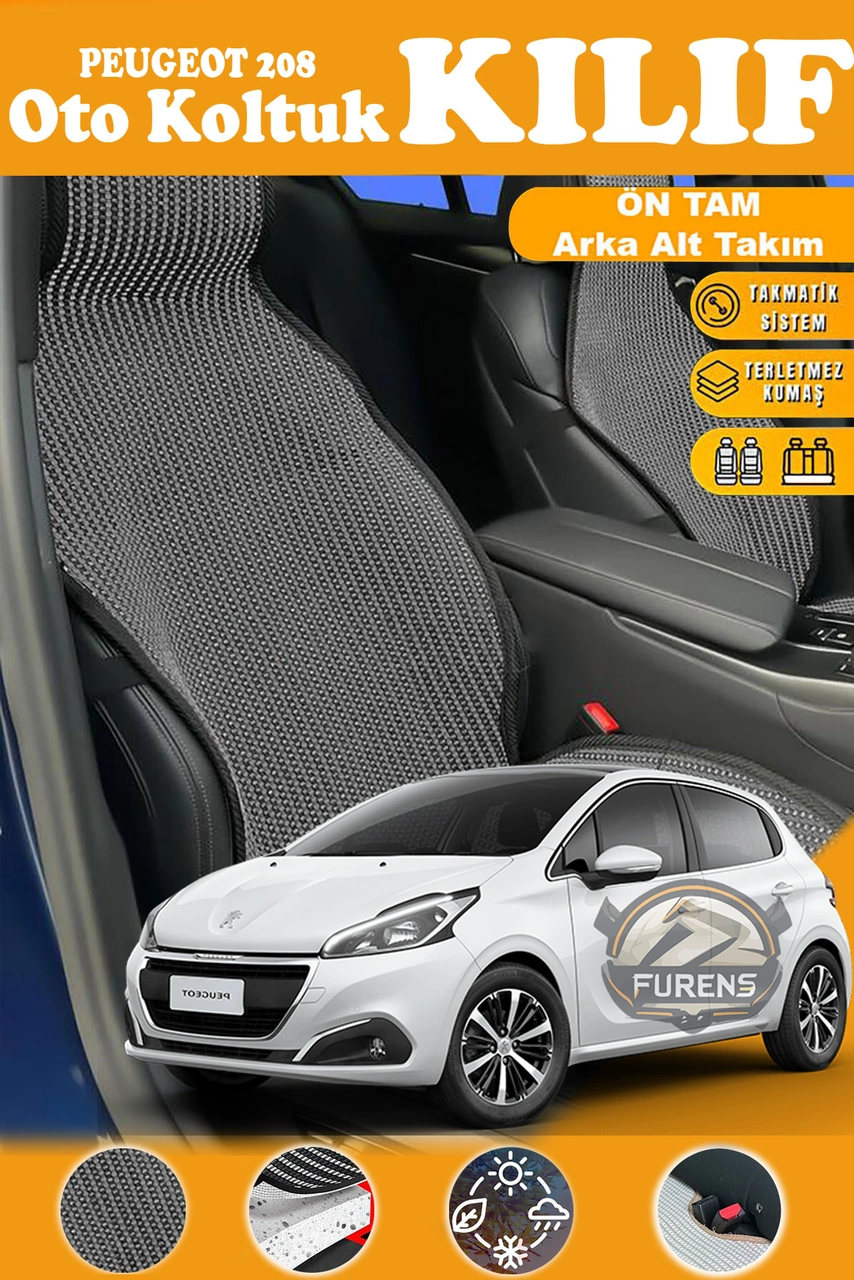 Peugeot 208 Uyumlu Siyah Prestij Serisi Dokuma Kumaş Oto Koltuk Kılıfı Ön Tam Arka Alt