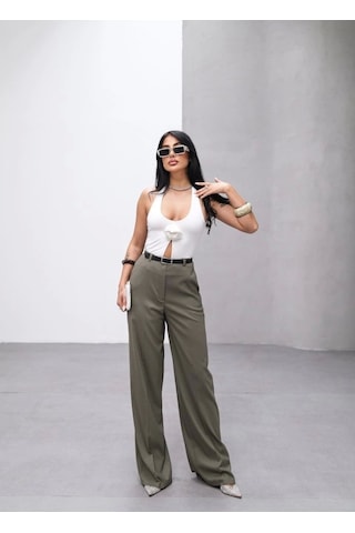 Defymoda Poly Viscose Yüksek Bel Kemerli Ve Dökümlü Palazzo Pantolon Kemer Dahi L Haki