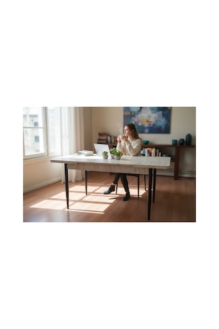Efe Mobilya T-6030 Traverten Açılır 80x130 Kare Gold Antrasit Sandalye 6 Kişilik Yemek Masası Takımı