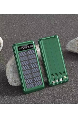 Solar 10.000 Mah Güneş Enerjili Led Işıklı Powerbank Şarj Aleti 2x Usb Çıkışlı Çoklu Kablolu Kahverengi