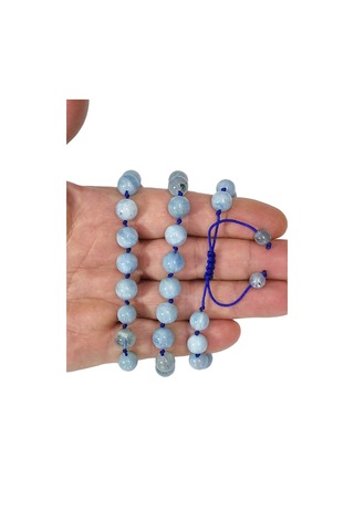 Pozitif Doğal Taş 9 Mm Akuamarin Bileklik, Makrome Ayarlı 304-3 Açık Mavi