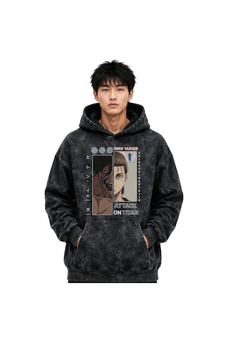 Sevbano Attack On Titan Eren Yeager Anime Baskılı Unisex Oversize Yıkamal Siyah