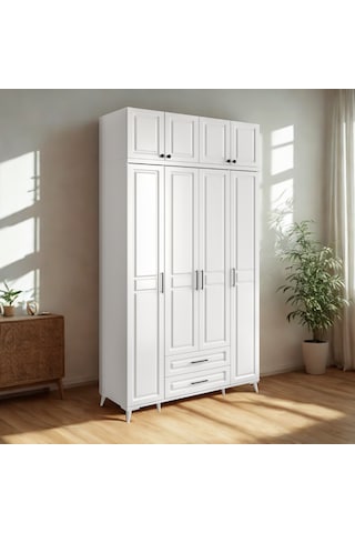 Handy 4 Kapaklı Yüklüklü Gardırop Mdf Gövde, Yavaş Kapanır Kapaklı, Modern Tasarım Beyaz