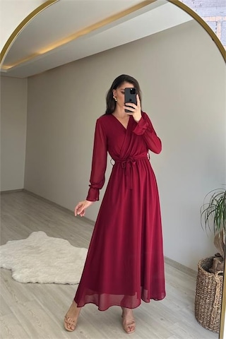 Neşeli Butik Kadın Uzun Kollu Kuşaklı Maxi Şifon Elbise Nm001 Bordo