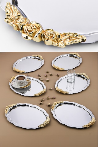 6 Adet Oval Model Gül Motifli Kahve-çay Sunum Tepsisi 25x20 Cm