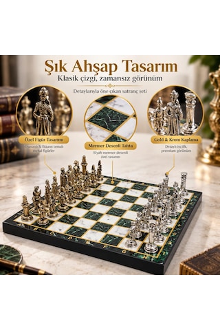 Lüks Metal Satranç Takımı Osmanlı Bizans Figürlü Krom Yeşil Mermer Desenli 20x20 Premium Hediye Seti