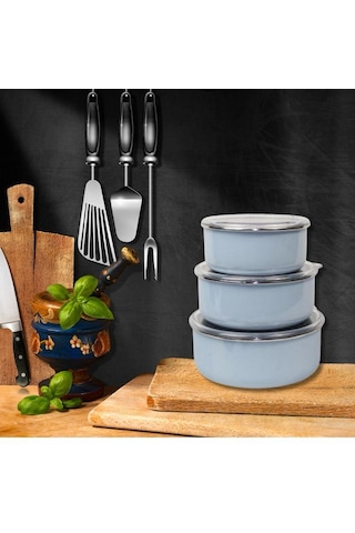 Mary 3'lü Emaye Saklama Kabı Gökyüzü Mavisi 14cm-16cm-18cm