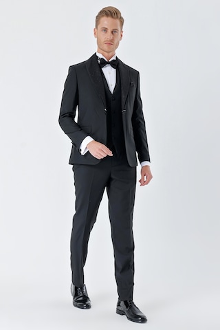 İmza Siyah Çizgili Çıkarılabilir Şal Yaka Yelekli 6 Drop Slim Fit Smokin Damatlık Takım 1001230212-Siyah