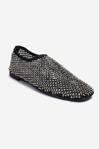 Luvishoes Urela Siyah Örgü Taşlı Hakiki Deri Kadın Babet Ayakkabı