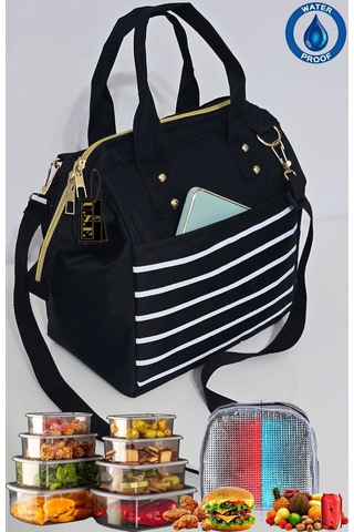 Sıcak, Soğuk Isı Yalıtımlı Termal Termoslu Yemek, Mama, Beslenme, Gıda İçin Askılı Taşıma Çantası Beyaz - Siyah