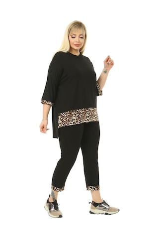 Melsay Butik Siyah Leopar Şeritli Büyük Beden Kadın Kapri Takımı Siyah