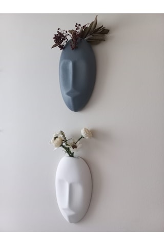 Dekoratif 2'li Yüz Duvar Vazosu, Duvar Süsü ,heykel Aksesuar Beyaz Gri