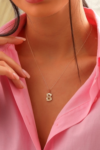Kadın 14 Ayar Altın Harf Kolye B Harfi Altın Kolye Zincirli Kalemli Işıltılı Desenli  42 cm