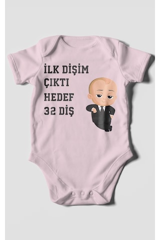 Morivokids İlk Dişim Çıktı Hedef 32 Diş Kısa Kollu Bebek Body Bebe Pembe