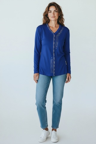 Kadın Önü Kapalı Düğme Detaylı Taşlı Nergis Mevsimlik Bluz Mavi