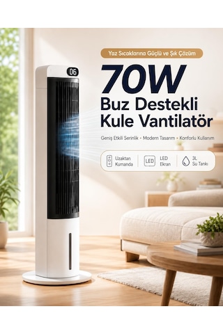 70w Buz Akülü Kule Tipi Vantilatör / Uzaktan Kumandalı / 3l Su Hazneli / 24 Saat Zaman Ayarlı Fan