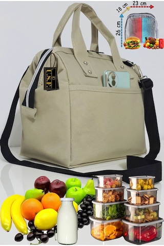 Sıcak, Soğuk Isı Yalıtımlı Termal Termoslu Yemek, Mama, Beslenme, Gıda İçin Askılı Taşıma Çantası Krem