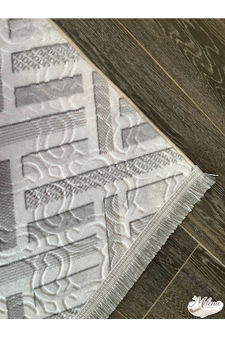 Konak Halı Modern Salon Halısı Geometrik Desenli Açık Gri Emboss Premium Kaymaz Taban Saçaklı Açık Gri
