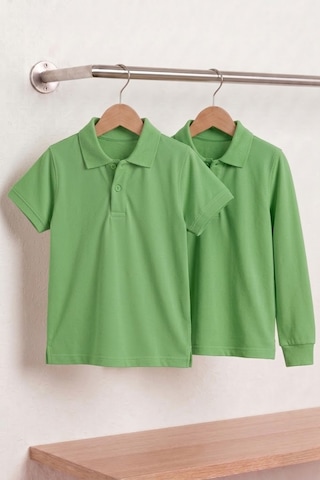Nacar Store Unisex Çocuk Uzun Ve Kısa Kollu Polo Yaka Okul Tişörtü 2'li Set Fıstık Yeşil