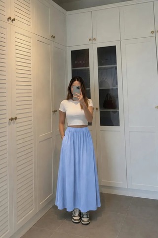 Kadın Mavi Poplin Kumaş Uzun Etek Beli Lastikli Günlük Maxi Etek 90 Cm Glmd-007-mv