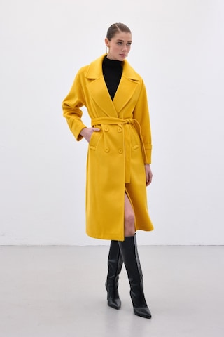 Sateen Beli Bağlamalı Uzun Kaban - Sarı-136632 Sarı