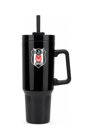Beşiktaş Lisanslı Pipetli Kulplu Termos Mug - Siyah Paslanmaz Çelik Matara 1,20 Litre Renkli
