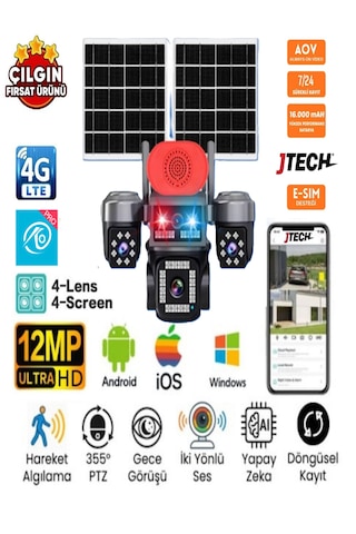 O-kam Ok-337 Premium 4g 12mp Sim Kartlı 2xsolar Panelli Çakarlı 4 Kameralı 1 Ptz Akıllı Kamera