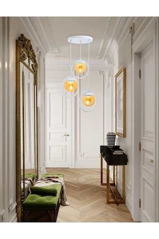 Halka 3 Lu Tepsi Glop Bal Rengi Camlı Beyaz Avize. Salon, Mutfak, Beyaz